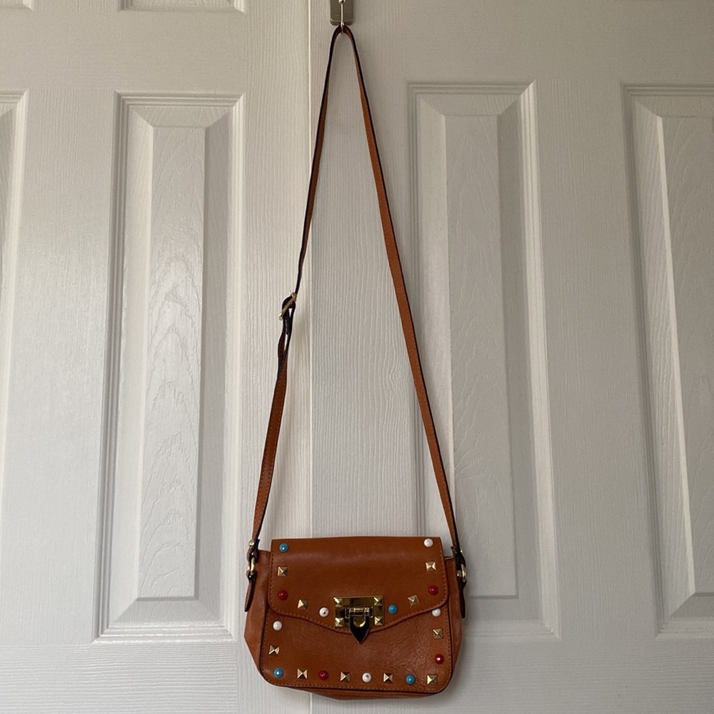 Vintage Studded Italian Leather Crossbody Bag Red White & Blue